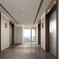 Modern Elevator Hallway Interior Design With Marble Flooring And City View Windows 3d model