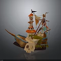 Pirate Ship Model With Skull Shaped Hull Tower Flags Colorful Sails And Decorative Details