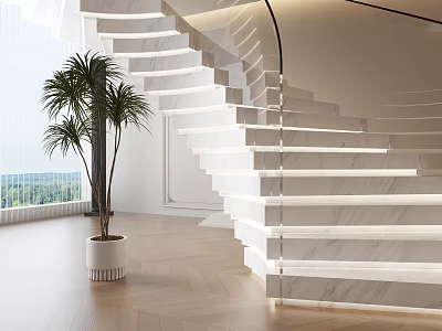 Modern Marble Staircase With Built in Lighting And Palm Plant Near Wooden Flooring 3d model