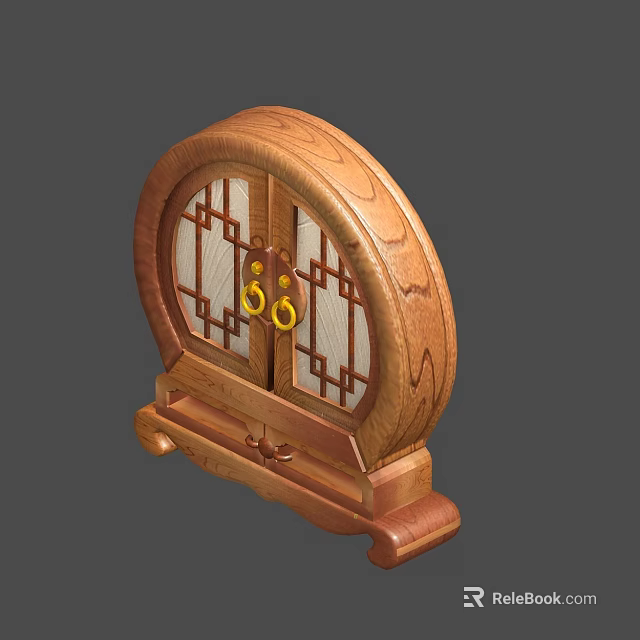 Chinese Style Wooden Decorative Cabinet with Circular Design Double Doors Golden Handles and Carved Base 3d model 
