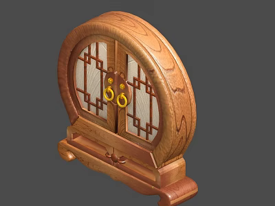 Chinese Style Wooden Decorative Cabinet with Circular Design Double Doors Golden Handles and Carved Base 3d model