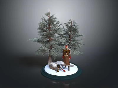 Figure In Red Coat Standing With Pine Trees On Snowy Ground And Sled Nearby 3d model