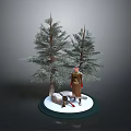 Figure In Red Coat Standing With Pine Trees On Snowy Ground And Sled Nearby