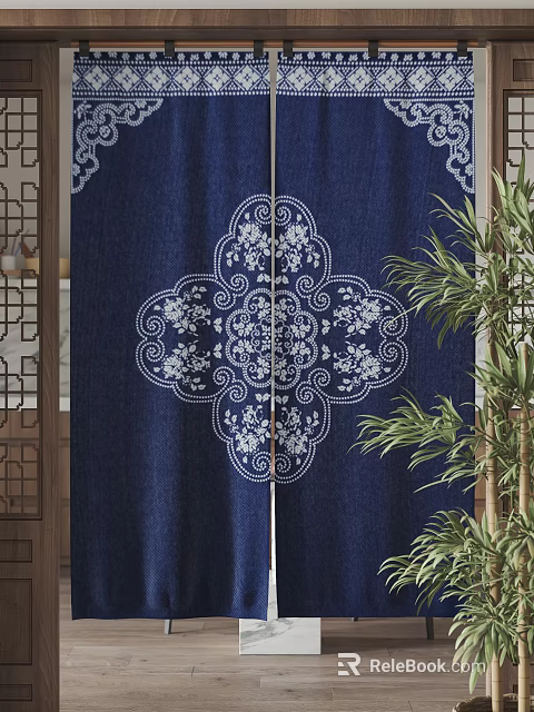 Dark Blue Curtains with White Intricate Floral Pattern in Traditional Chinese Style 3d model 