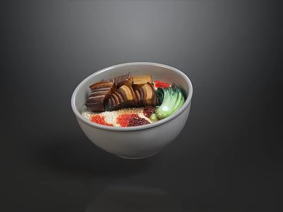Delicious Braised Pork Belly Bowl With Rice Green Vegetables And Sesame Seeds 3d model