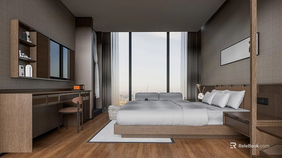 Hotel Room with Large Windows City View White Bedding Wooden Floor Modern Interior 3d model 
