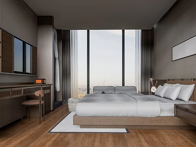 Hotel Room with Large Windows City View White Bedding Wooden Floor Modern Interior 3d model