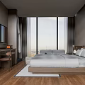 Hotel Room with Large Windows City View White Bedding Wooden Floor Modern Interior