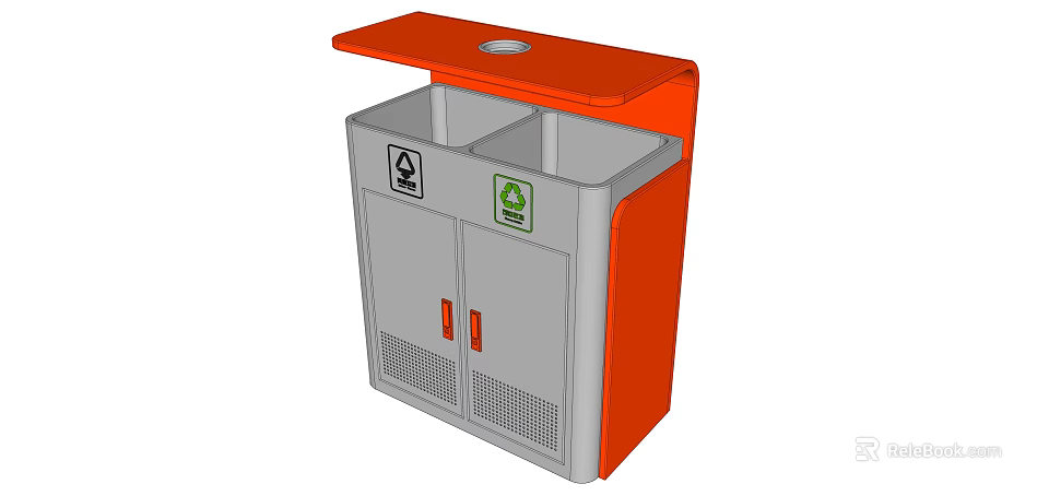 Public Waste Sorting Bin With Orange Top Gray Body Dual Compartments And Signs 3d model 