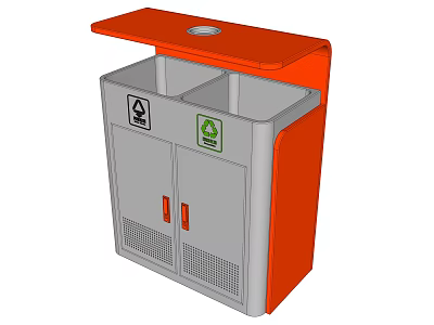 Public Waste Sorting Bin With Orange Top Gray Body Dual Compartments And Signs 3d model