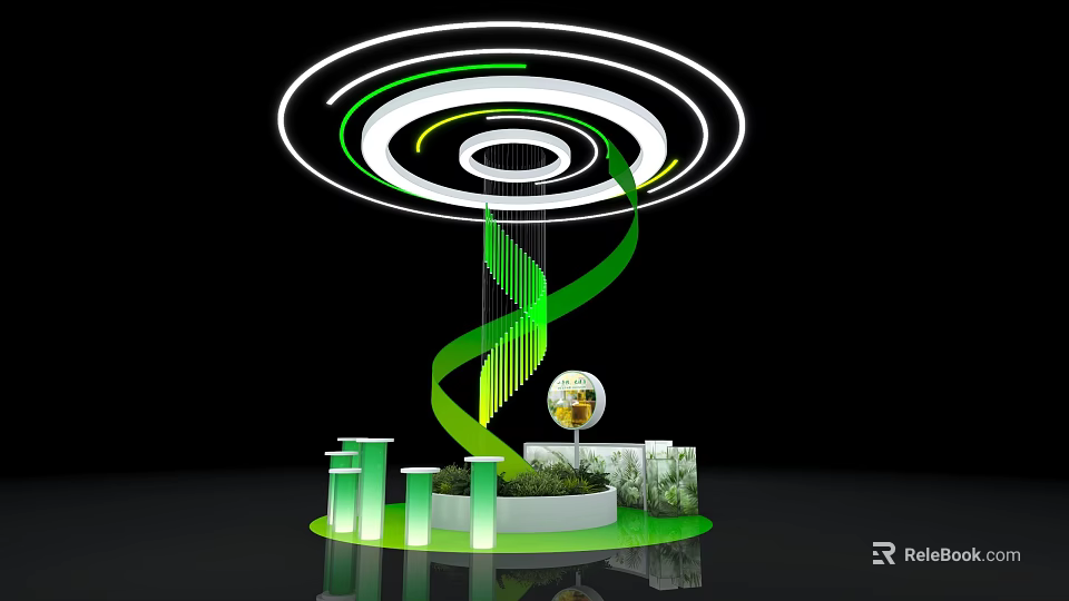 Modern Exhibition Island With Green Spiral Structure Glowing Rings White Pillars And Globe 3d model 