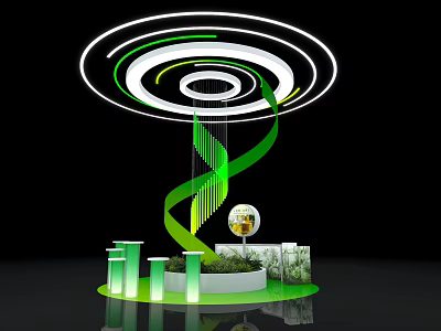 Modern Exhibition Island With Green Spiral Structure Glowing Rings White Pillars And Globe 3d model