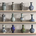 Floral Vases Collection Display on Wooden Shelves with Various Traditional Designs and Colors