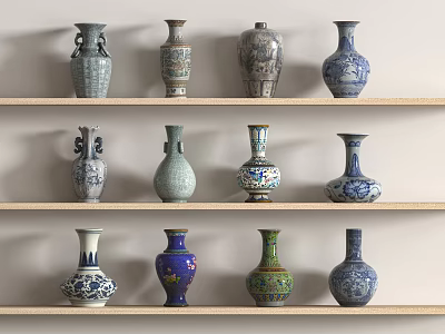 Floral Vases Collection Display on Wooden Shelves with Various Traditional Designs and Colors 3d model