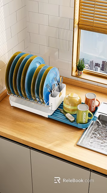 Colorful Tableware Set With Plates Utensils Mugs Teapot On Dish Rack Wooden Countertop 3d model 