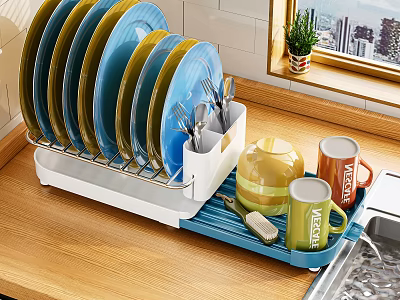 Colorful Tableware Set With Plates Utensils Mugs Teapot On Dish Rack Wooden Countertop 3d model
