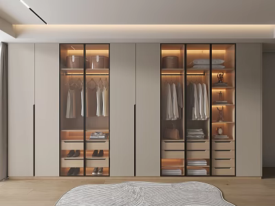 Modern Walk in Closet Interior Design With Glass Door Cabinets Hanging Clothes And Warm Lighting 3d model