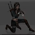 Game Movie Female Warrior Character in Kneeling Combat Pose with Leather Armor and Glowing Weapon