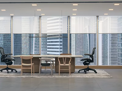 Modern Conference Room with Large Windows City View Long Table and Chairs 3d model