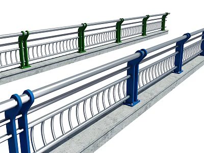 Silver Metal Railing with Green and Blue Posts and Curved Decorative Design 3d model