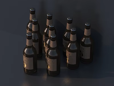 Display of Multiple Dark Colored Glass Bottles Arranged Together on Dark Background 3d model