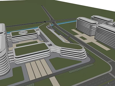 Modern Hospital Building Complex With Curved Structures Green Roofs And Surrounding Roads 3d model