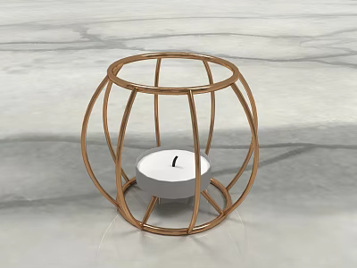 Modern Round Metal Frame Candle Lamp With White Candle On Marble Surface 3d model