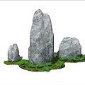 Natural Stone and Wood Garden Decor With Three Rocks and Green Plants
