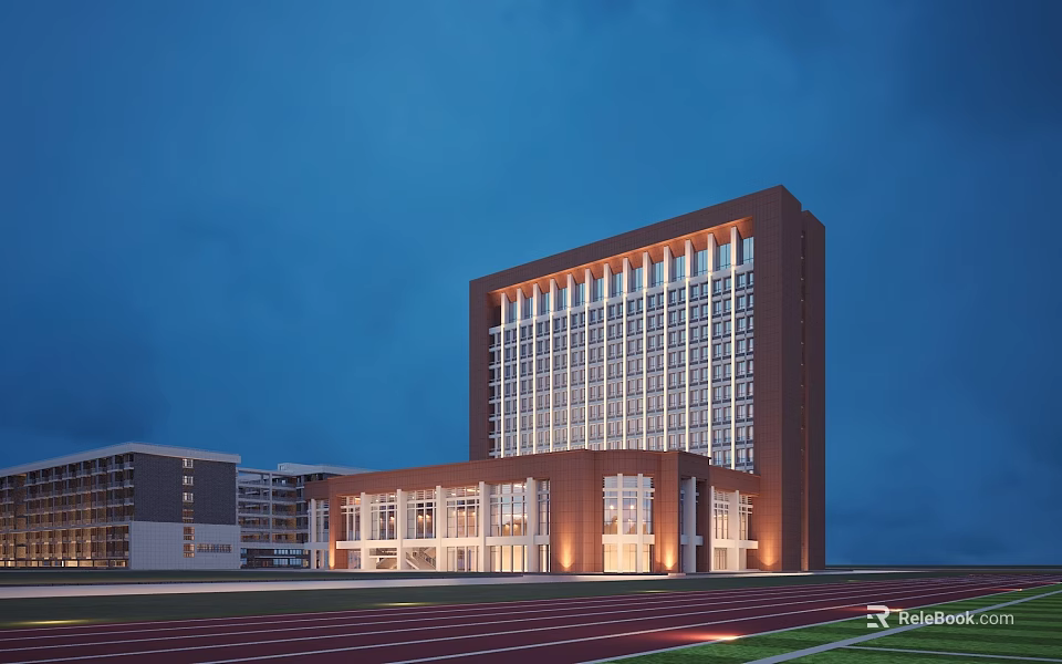 Tall Modern Red Brick School Building Illuminated at Night with Track Field 3d model 