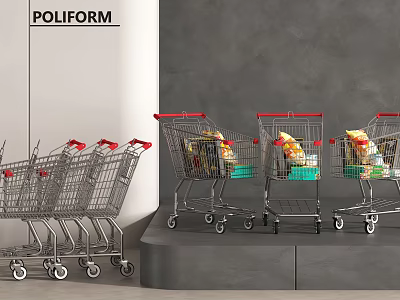 Public Facility Shopping Carts Arranged With Groceries On Grey Background 3d model