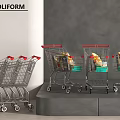 Public Facility Shopping Carts Arranged With Groceries On Grey Background