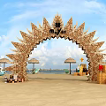 Summer Party Event Entrance Arch With Decorative Wooden Spikes Tents And Umbrellas On Beach
