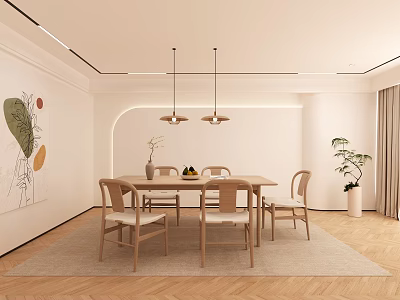 Minimalist Cozy Dining Room With Wooden Table Chairs Pendant Lights Leaf Painting Greenery Light Rug 3d model