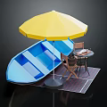 Outdoor Table with Yellow Umbrella Blue Boat and Chairs on Patio Mat 3d model
