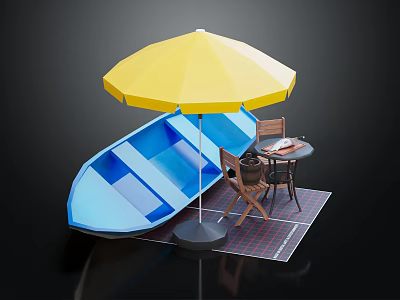 Outdoor Table with Yellow Umbrella Blue Boat and Chairs on Patio Mat 3d model