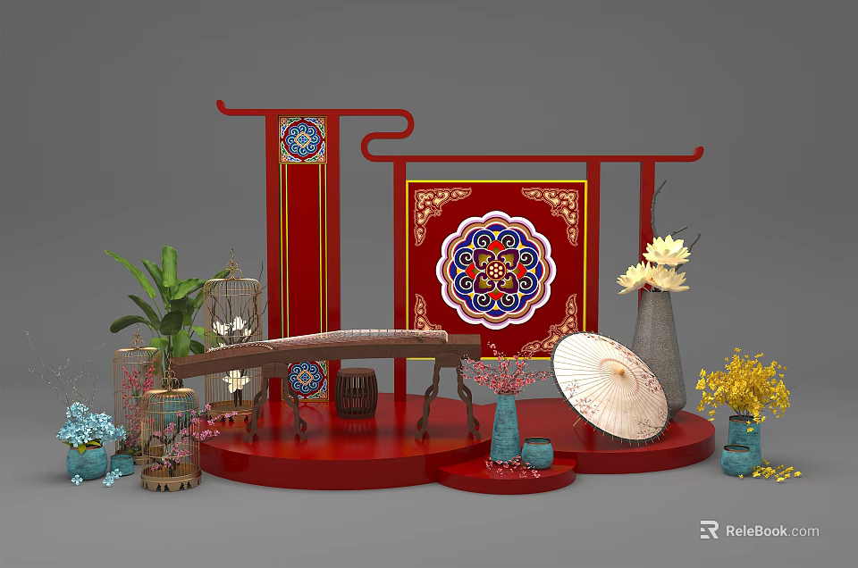 Traditional Chinese Floral Display With Red Decorative Frames Patterned Screen Green Plants And Yellow Flowers 3d model 