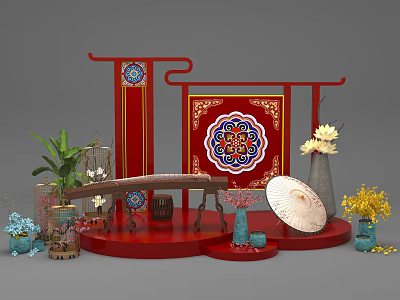 Traditional Chinese Floral Display With Red Decorative Frames Patterned Screen Green Plants And Yellow Flowers 3d model