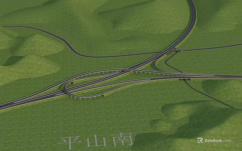Road Infrastructure Featuring Highway Interchange With Curved Roads In Green Hills 3d model 