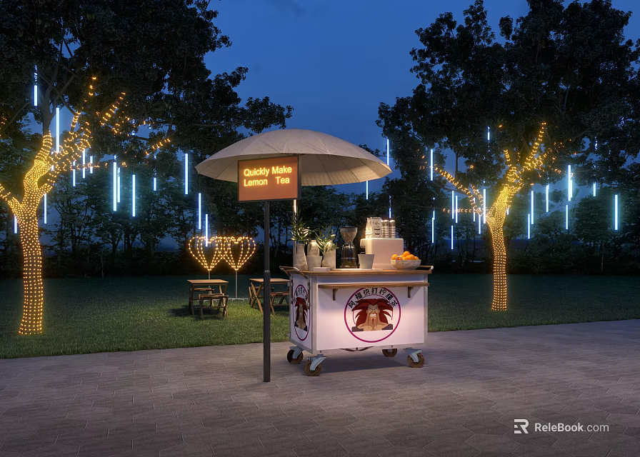 Mobile Coffee Bar Cart With Umbrella In Outdoor Night Setting Decorative Lights And Trees 3d model 