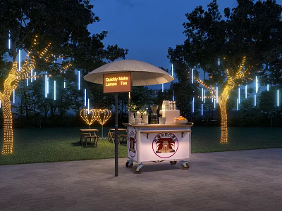 Mobile Coffee Bar Cart With Umbrella In Outdoor Night Setting Decorative Lights And Trees 3d model