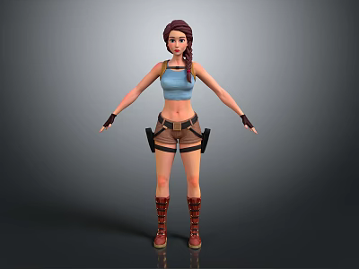 3D Female Character Model With Braided Hair Blue Tank Top Brown Shorts And Red Boots 3d model