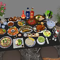 Assorted Delicious Food Spread With Roast Chicken Fish Shrimp Vegetables And Fruits On Dining Table