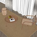 Round Woven Coffee Table With Fruit And Book Next To Rattan Chair On Carpet