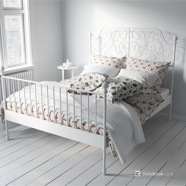 White Metal Bed With Decorative Headboard Floral Pillows Quilt And Bedside Table In White Bedroom 3d model 
