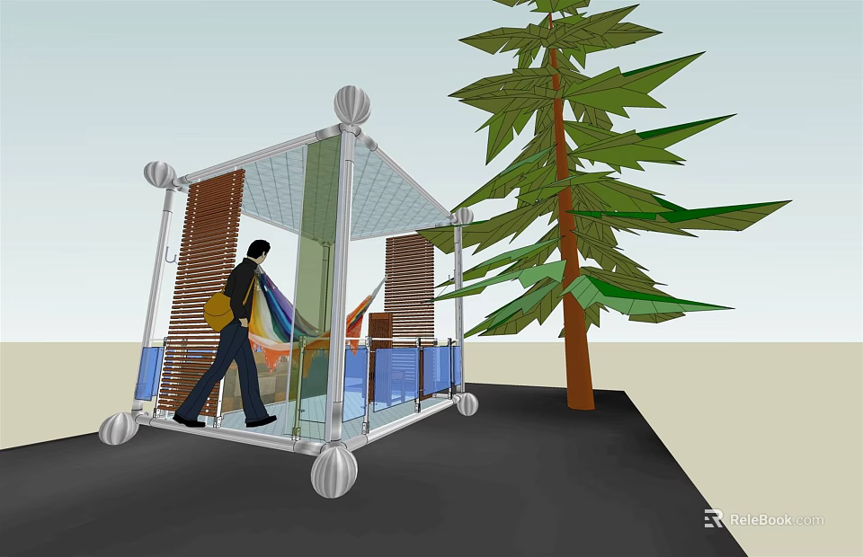 Transparent Glass Structure With Wheels Nearby Tree And Person Walking Inside 3d model 
