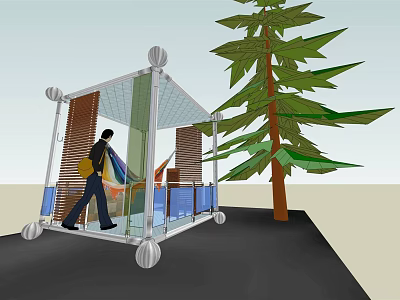 Transparent Glass Structure With Wheels Nearby Tree And Person Walking Inside 3d model