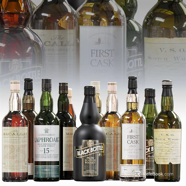 Assorted Whisky Bottles and Glasses in Different Colors with Brand Labels 3d model 