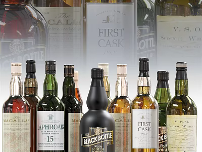 Assorted Whisky Bottles and Glasses in Different Colors with Brand Labels 3d model