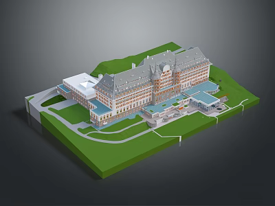 Historic Classical Building Complex With Courtyard Multiple Roofs And Green Lawn 3d model