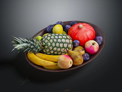 Assorted Fresh Fruits in Wooden Bowl Featuring Pineapple Bananas Apples Plums and Lemon 3d model